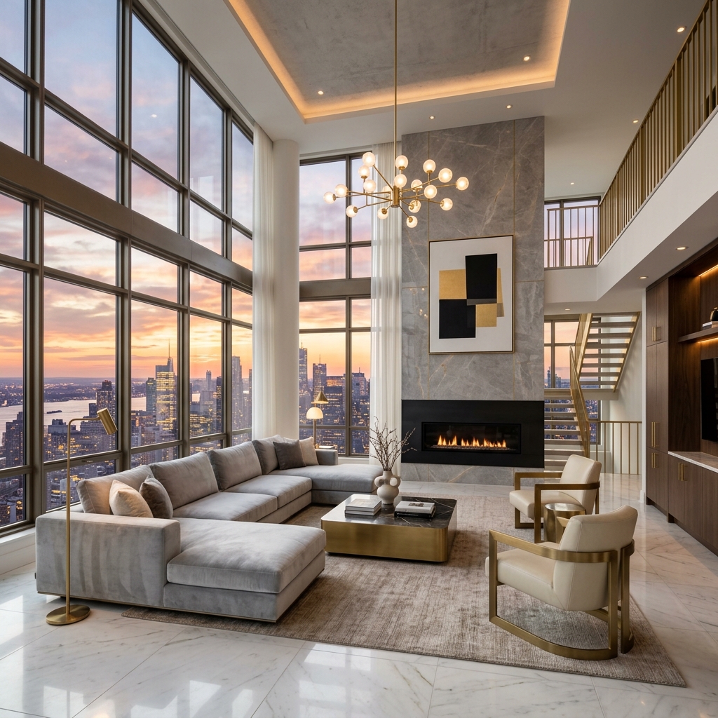 Interior of Aurelia Penthouse living room showing skyline